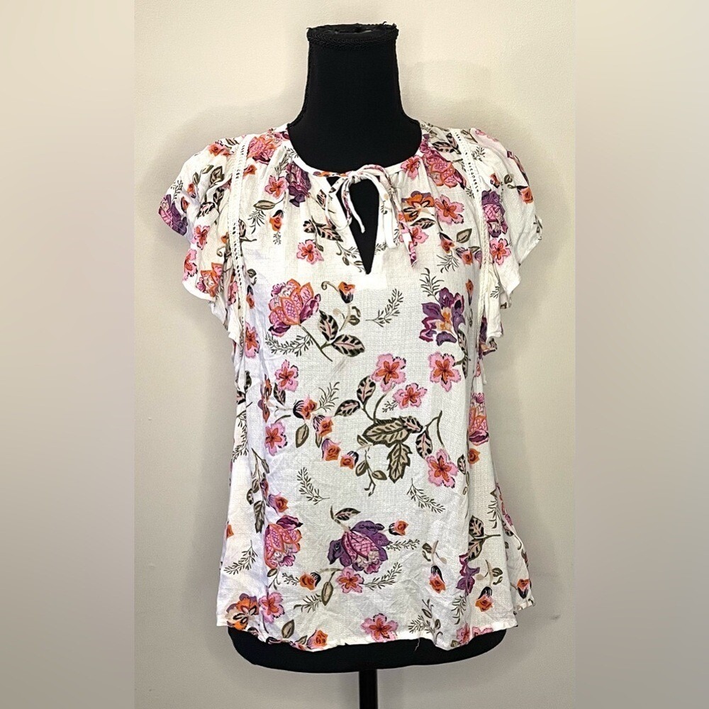 Lucky Brand Womens Floral Flutter Sleeve Lace Trim Split Neck Tie Blouse White S - Picture 2 of 6